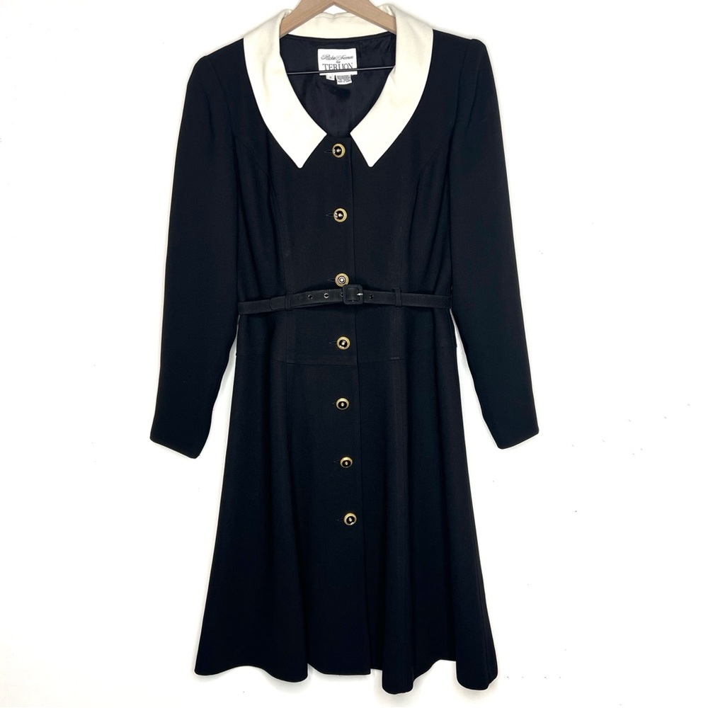 Rickie Freeman Teri Jon Black Contrast Collar Fit Flare Dress Belted Size 6